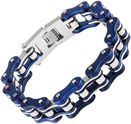 YSM Motorcycle Bracelet Heavy-duty Stainless Steel Men's Bycicle Bike Chain Cuff Bracelet Bold and Chunky with Fold Over Clasp(Blue)