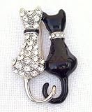 Black Silver Crystals Diamante Twin Cats Brooch Pin