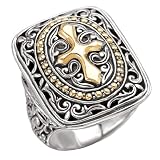 925 Silver Rectangular Celtic-Design Cross Ring with 18k Gold Accents- Sizes 6-8