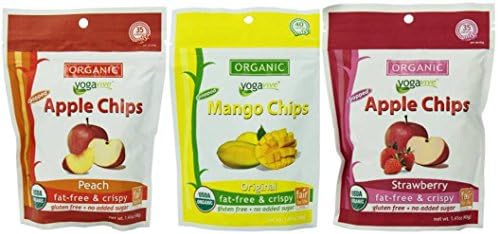 Yogavive Organic Popped Apple & Mango Chips 3 Flavor Variety Bundle: (1) Yogavive Organic Peach Apple Chips, (1) Yogavive Organic Original Mango Chips, and (1) Yogavive Organic Strawberry Popped Apple Chips, 1.41 Oz. Ea. (3 Bags Total)