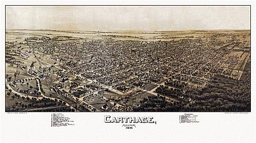 Historic Maps - Carthage Bird's Eye View Map 1891 Missouri - Jasper County - Carthage, Missouri 1891. 36x54