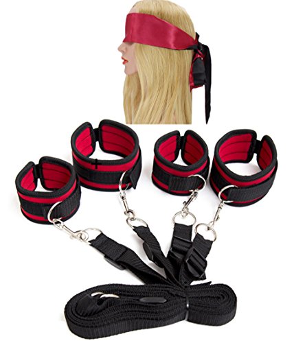Ellis Black Bed Restraint System With Eye Mask Adjustable Mattress Bondage Restraints With Cuffs For Ankles and Wrists Fits Almost Any Size Mattress (Red)