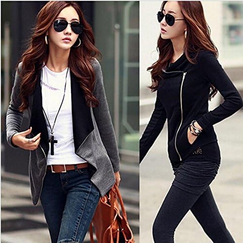 SSCUN Women's Fashion Korean Summer Autumn Style Causal Patchwork Side Zipper Jackets Cotton Cool Slim Turn-down Collar Black M