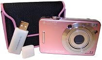 Sony Cybershot DSCW55 7 MP Digital Camera with 3x Optical Zoom (Pink) with Case and Memory Card Reader/Writer
