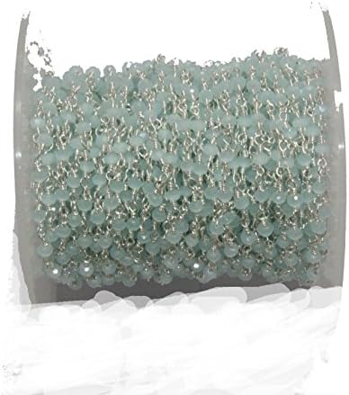 5 Feet Natural Aqua Chalcedony rosary style beaded chain -Aqua Chalcedony Roundelle beads 3mm 925 Sterling Silver Plated Wire wrapped rosary link chain