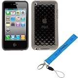 GTMax Durable Soft Gel Skin Cover Case - Cubic Black + BlueMall Wrist Strap Lanyard for Apple iPod touch 8GB 32GB 64GB (4th Generation) 4 4G