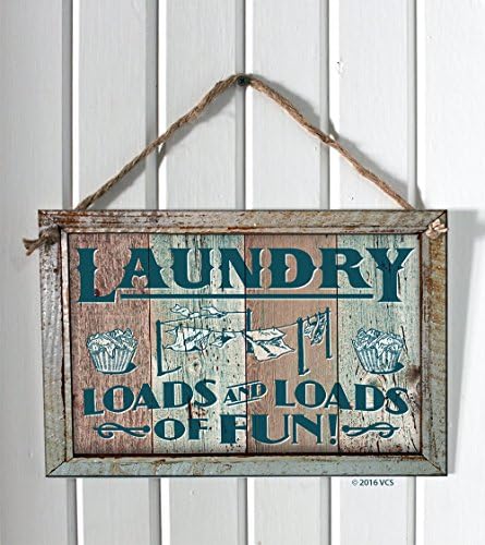 "Laundry - Loads and Loads of Fun" 12"x8" Decorative Bathroom Sign - Weathered Vintage Western Design- 3mm Flat Printed Plastic (not real wood) with Rope Hanger