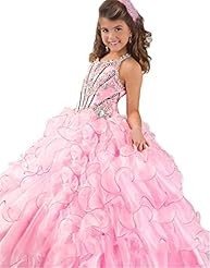 Girls Floor Length Halter Organza  Tiered Lace  Ball Gown Flower-Girl Dress/Pageant Dress/Party Dress 