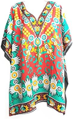 Annie's Fashion Women's Indian V-neck Multicolored Print Caftan Short Dress (GREEN)