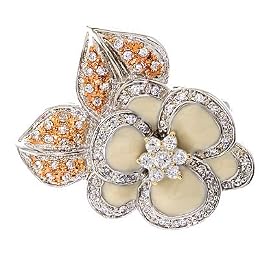 C.Z. Diamond Platinum Plated Off-White Enamel Flower Pin/Pendant