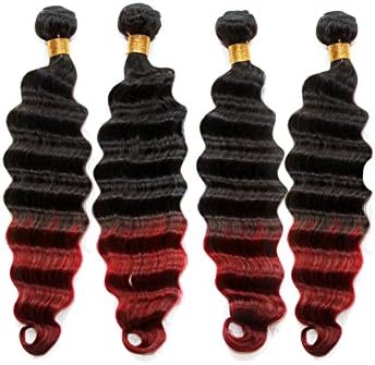 Wigiss Brazilian Top Grade Gorgeous Deep Wave Real Human Hair Extensions 100% Hair Weft Two-tone Color 1B/BURG# 50g/Bundle 4 Bundles Mixed Length (12'' 14'' 16'' 18'')