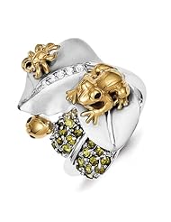 Sterling Silver Gold-Plated Toad & Bugs on Satin CZ Leaf & Green CZ Lily Pa