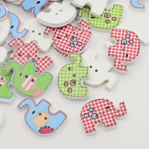 Pandahall 20pcs Mixed Color 2-Hole Dyed Printed Elephant Wooden Buttons, 20x29x4mm, Hole: 2mm
