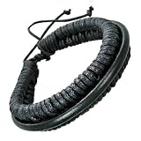 Thick Black Leather and Wrapped Cord Bracelet