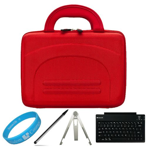 Nylon Red Durable Cube Carrying Case for Lenovo IdeaPad Tablet K1 10.1-inch Display Wireless Computer Tablet + Dual Tip Stylus Pen + Universal Silver Tablet Stand + SumacLife Wireless Bluetooth Keyboard + SumacLife TM Wisdom*Courage Wristband