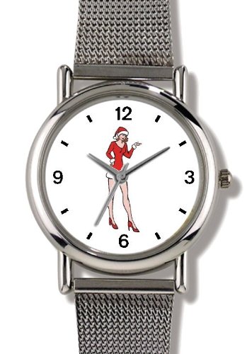 Beautiful Woman - Santa Claus Helper, Girlfriend, Wife or Daughter Christmas Theme - WATCHBUDDY® ELITE Chrome-Plated Metal Alloy Watch with Metal Mesh Strap-Size-Small ( Standard Women's Size )