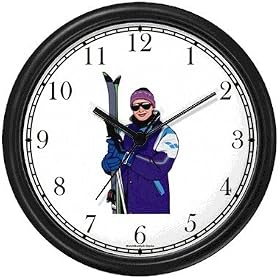 Skier with Skis Snow Skiing Wall Clock by WatchBuddy Timepieces (Black Frame)