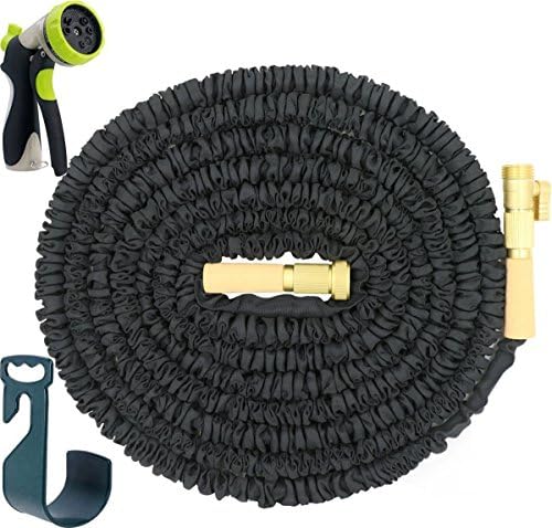 FTLIFE Flexible Lightweight Expandable Garden Hose 50 Feet Double Layer Latex Core Brass Fitting Lead Free,Spray Nozzle Hose Hanger Gardening Gloves Included,Black