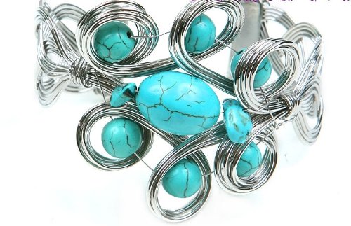 Improving Lifestyles Fashion Cuff open wire design with Turq. color beads Adjustable