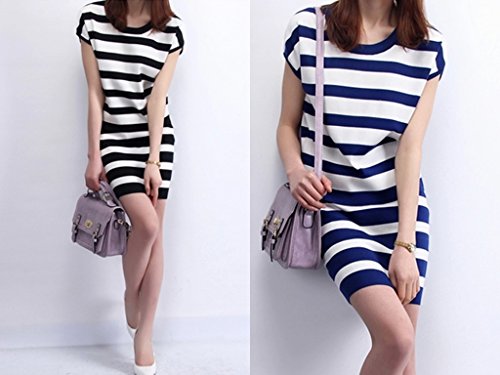 [Kapua] マリン ボーダー フレンチ スリーブ ミニ 丈 ワンピース レディース OP (ブラック / ブルー)