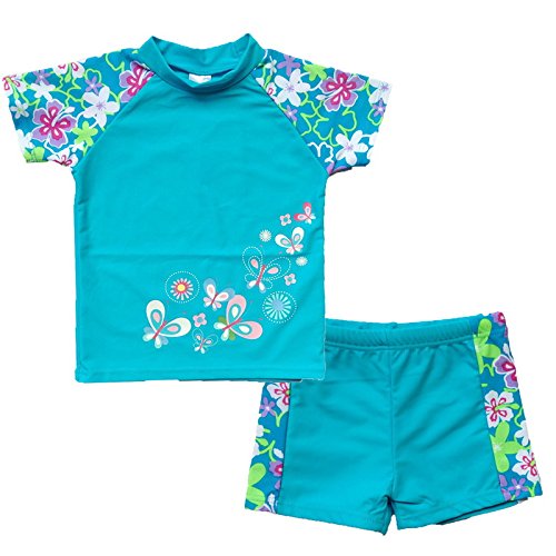 BAOHULU Girls Swimsuit 3-10 Years UPF 50+ UV Protective (Short Sleeve Blue)