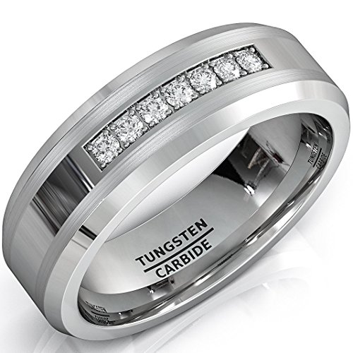 8mm Tungsten Carbide Ring with Brilliant CZ Diamonds Mens Wedding Band