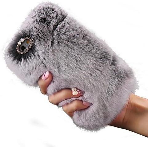 iPhone 6/6S Rabbit Fur Hair Case - Handmade - Soft Warm Rabbit Hair with Butterfly Crystal Rhinestone (Grey)