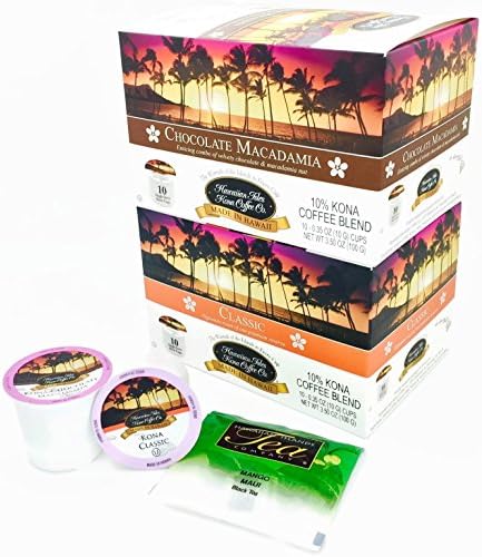 Kona Coffee 10% Blend Chocolate Macadamia and Classic Medium Roast Keurig K Cups Assortment Variety (20 Count) and Sampler of Maui Mango Tea Bags (3 Count)