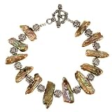 Handmade Bronze Freshwater Pearl Bracelet With Silver Floral Beads