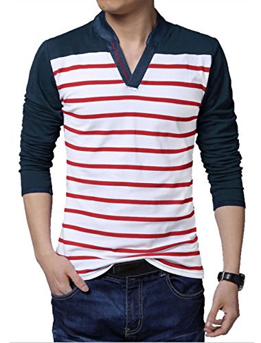 uxcell Men Long Sleeves Split Neck Denim Panel Stripes T-Shirt