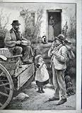 MAN SELLING CHEESE CART GOOSE CHILDREN CAT DOG WHITE