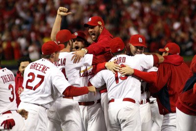 Game 7 - Rangers v Cardinals, St Louis, MO - October 28: Adam Wainwright and Jaime Garcia Sports Photographic Poster Print by Michael Heiman, 8x12