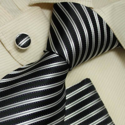 Designer Inspired Grey Stripes 100% Jacquard Woven Silk Tie Hanky Mens Necktie Black and Cuff Links Cufflinks and Handkerchiefs Set with Presentation Box H5040
