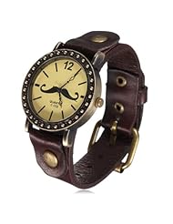 Bronze Mustache Beard Face Design Leather Wrap Around Analog Quartz Wrist Watch Dark Coffee