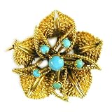 18K Gold Vintage Turquoise Flower Brooch, circa 1950s