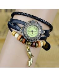 High Heels Charm Black Color Women Ladies Weave Leather Belt Bracelet Watch
