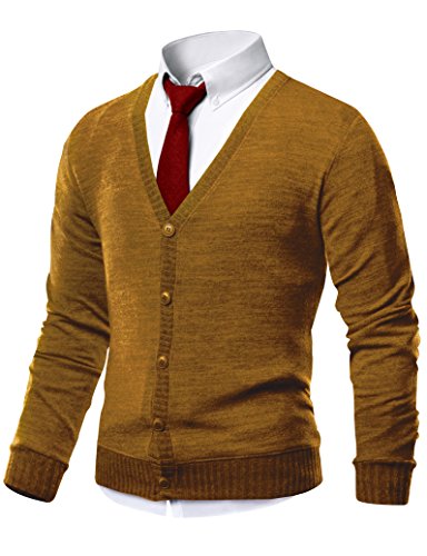 HARRISON83 Mens Slim Fit V-Neck Button Up Cardigan Sweater /NS1088-MUSTARD-2XL
