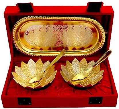 German Silver Two Tone Round Shape 2 Bowl and Tray with 2 Spoon Set