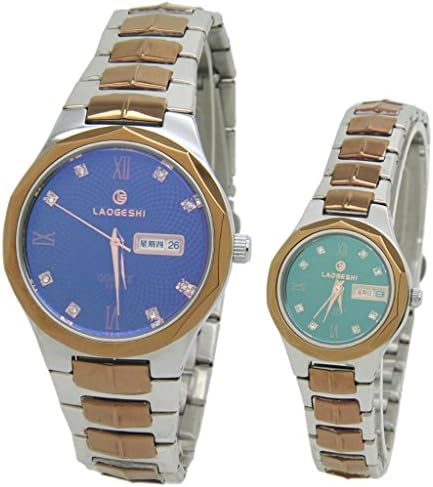 Laogeshi Couple Blue Glass Stainless Steel Quartz Watches for Lovers Pair in Package Color Rose Gold