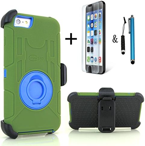 Cellular360 Ultra Shock&Drop-Proof Dust Proof Protective Case and Face-in and Out Holster for Apple iPhone 6 Plus (2014,5.5 inches Display) / iPhone 6+ (5.5) - Extremely Protective Dual layer Case with 360 Degrees Swivel Ring Kickstand and Rugged Holster 1 Headphone Jack Mini Stylus , 1 Regular Sized Stylus and 1 Anti-Glare Fingerprints Free Screen Protector (Khaki Green and Blue)