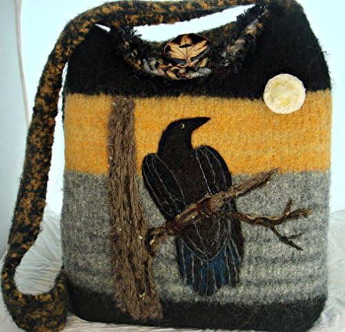 Bird Felted Purse, Bird Felted Tote, Felted Handbag, Raven ad the Moon, Raven Art, Crow Art