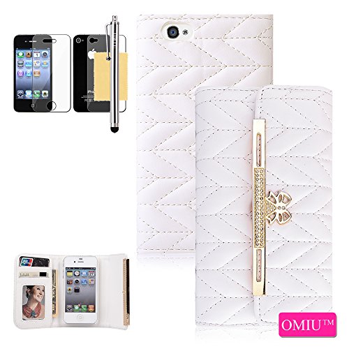 iPhone 4 Case, iPhone 4S Case, OMIU(TM) [Gold Bowknot Upgrades Grid Skin] Premium PU Leather Folio Handbag Wallet Style Cover Case with Long & Short Metal Chain Fit For Apple iPhone 4/4S(White), Sent Screen Protector+Stylus+Cleaning Cloth