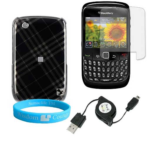 BlackBerry 9300 8530 8520 Black Stripe Case + Retractable Data Cable + Clear Screen Protector+ Wisdom * Courage Wristband