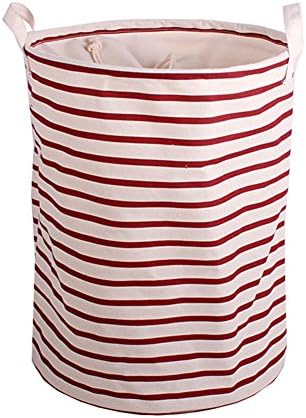 Dailydollor Stripe Fabric Foldable Round Laundry Basket Hamper Clothing Storage (Red)