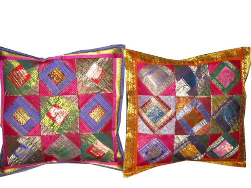 2 Hot Pink Vintage Sari Cushion Covers Zari Borders Toss Pillow 16x16
