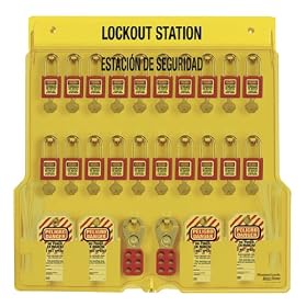 Master Lock 1484BP410ES 22" High X 22" Wide X 1-3/4" Deep, Spanish/English Lockout Station, 20 Padlock Station With Cover, Twenty 410Red Xenoy Padlocks