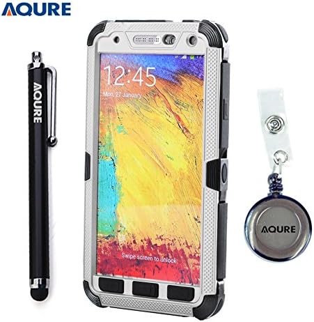 AQURE Luxury Aluminum Metal Extreme Shockproof Military Bumper Heavy Duty Gorilla Glass Cover Case Skin Protector with Stylus Pen and Retractable Reel for Samsung NOTE 3 (Silver)