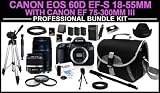 Canon EOS 60D 18MP CMOS EF-S 18-55mm SLR Digital Camera Professional Bundle Kit with Canon EF 75-300mm f/4-5.6 III Telephoto Zoom Lens includes: Charger, x3 LP-E6 Batteries, x2 32GB SD Cards, All In One Card Reader, 6ft HDMI Cable, 57 Tripod, Mini Tripod, Monopad, Cleaning Kit