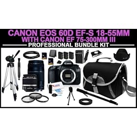 Canon EOS 60D 18MP CMOS EF-S 18-55mm SLR Digital Camera Professional Bundle Kit with Canon EF 75-300mm f/4-5.6 III Telephoto Zoom Lens includes: Charger, x3 LP-E6 Batteries, x2 32GB SD Cards, All In One Card Reader, 6ft HDMI Cable, 57 Tripod, Mini Tripod, Monopad, Cleaning Kit