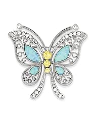 Sterling Silver Blue Opal With Yellow And Clear Cz Butterfly Pin, Best Quality Free Gift Box Satisfaction Guaranteed